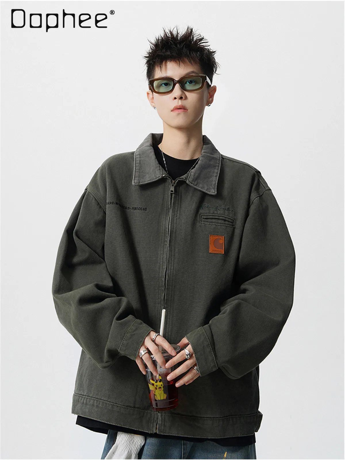 

Spring and Autumn American High Street Loose Cool Handsome Men's Blue Khaki Black Army Green Casual Turn-down Collar Jacket