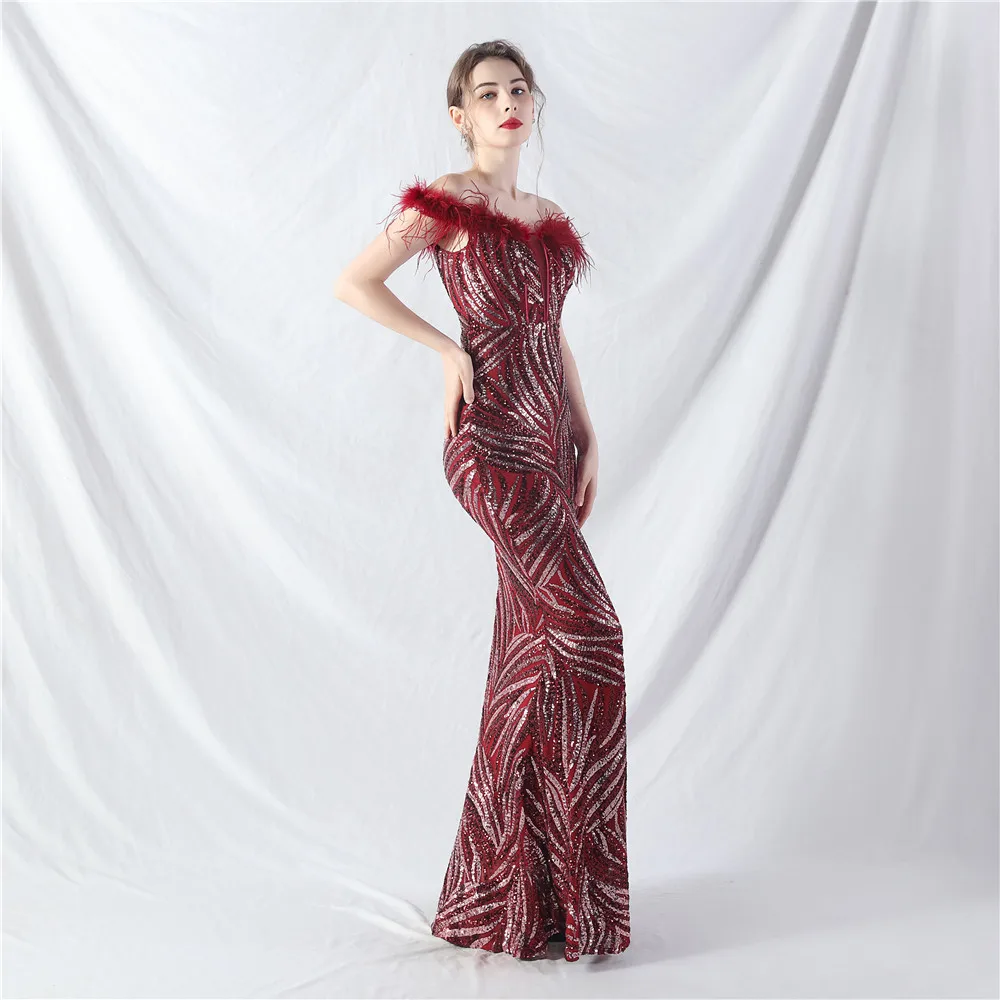 2024 Burgundy Long Dress Evening Off The Shoulder Floor Length Feathers Sequined High Quality Prom Party Gowns In Stock