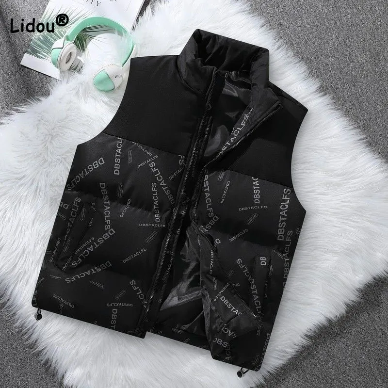 Trend Handsome Men's Stand Collar Printed Down Coats Autumn Winter New Fashionable Thick Sleeveless Zipper Vest Male Clothes