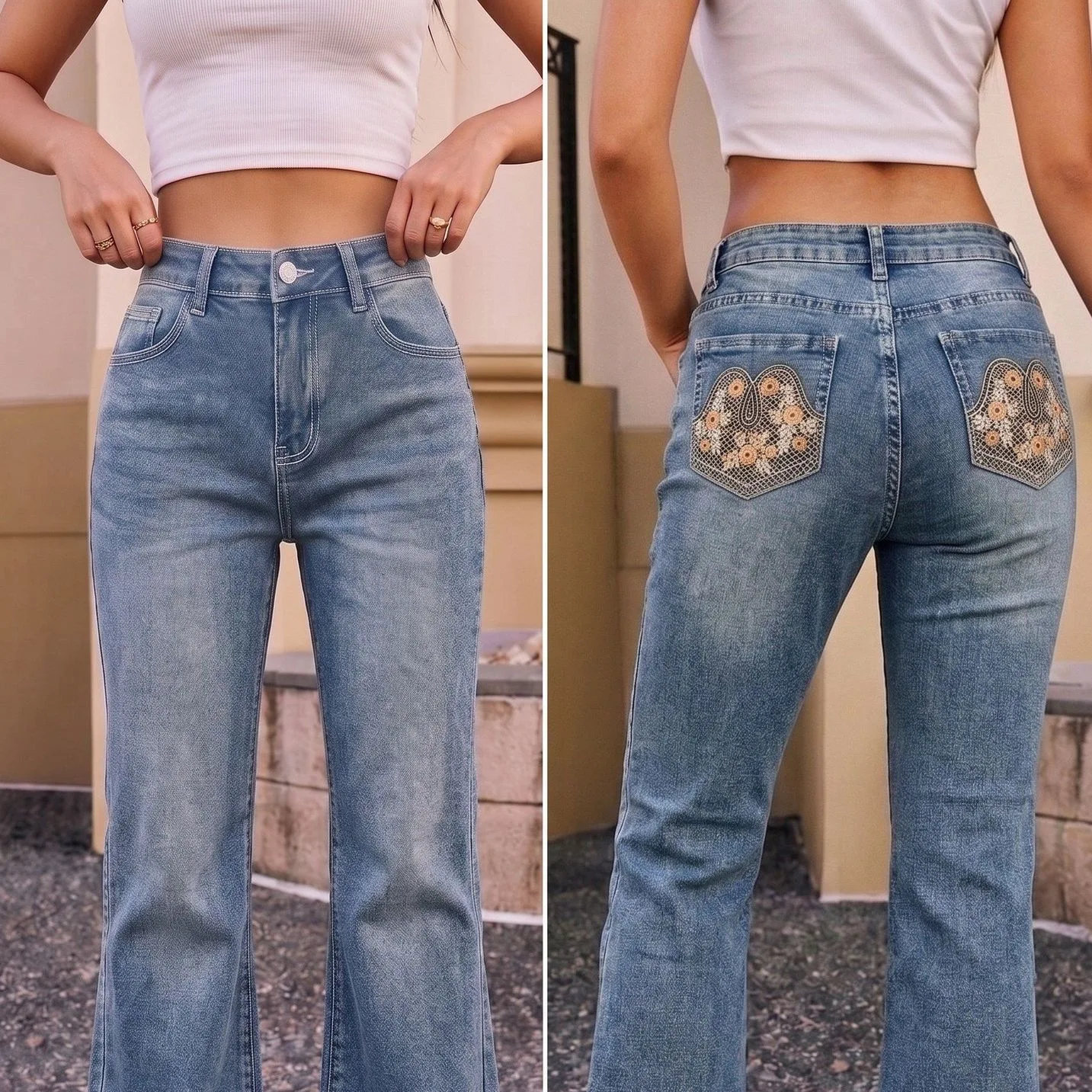Women's Jeans For Light Blue Washed Flower Embroidery Slightly Pulled Jeans Women, High Waist And Thin Slim-fitting Floor-moppin