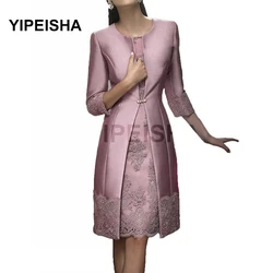 Elegant Short MoM Formal Wear With Jacket Evening Satin Lace Party Wedding Guest Dresses Mother Of The Bride Dress Suit Gown