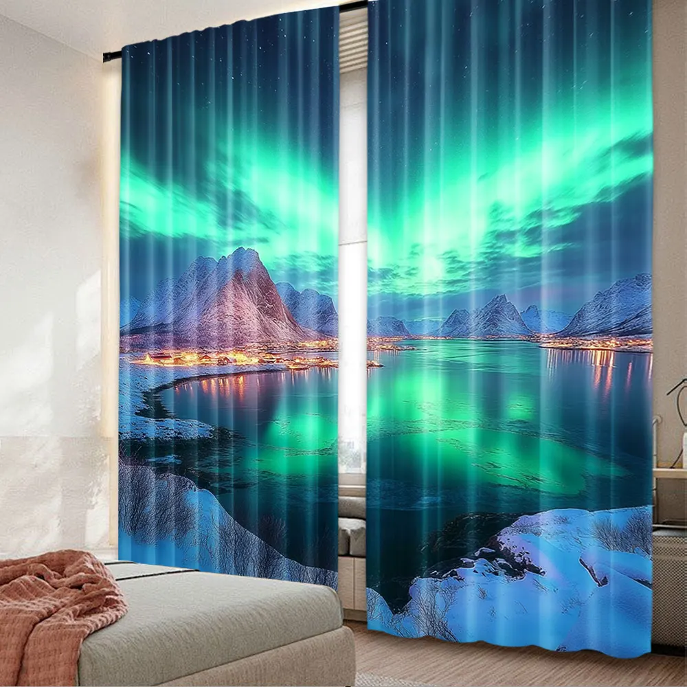 2Pcs Aurora Night Sky Curtain Snow Capped Mountains Lake Scenery Starry Sky With Polar Lights Norway Winter Landscape Home Decor