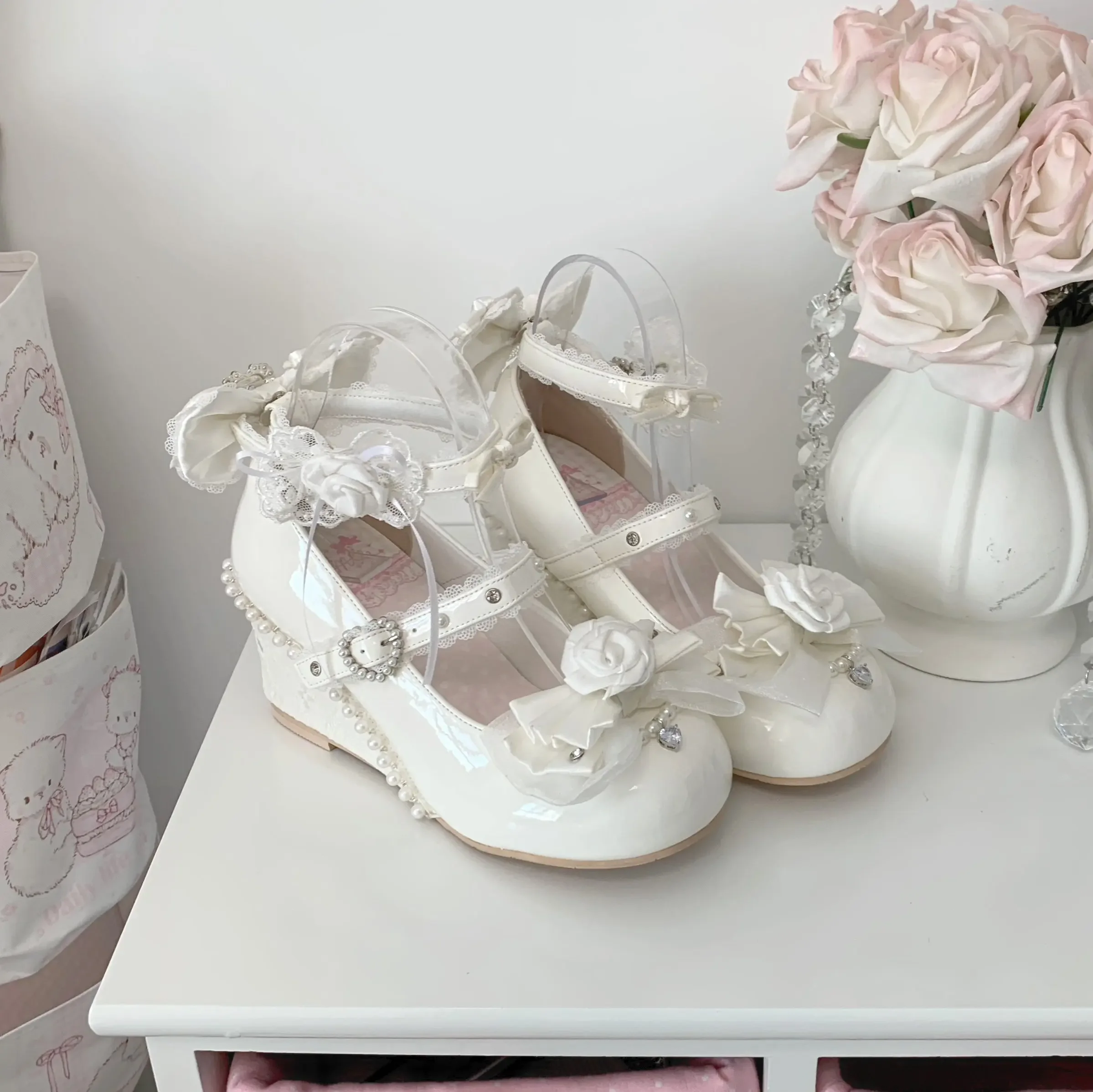 Baroque Rose Single Shoes Original Flower Wedding Gorgeous Bow Elegant Sweet Slope Heel Lolita Shoes