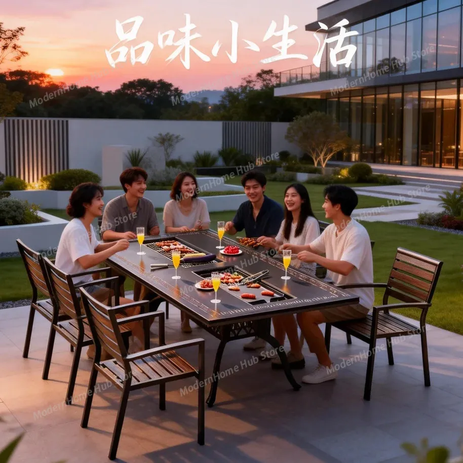 Open-air villa garden outdoor outdoor barbecue all-in-one table classy courtyard red table and chairs electric charcoal grill