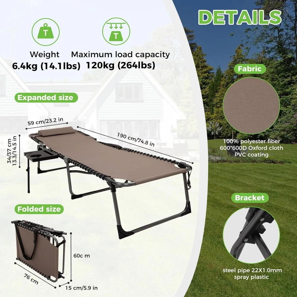 Folding Chaise Lounge Chair for Outside Beach, Lay Flat Camping Reclining with Pillow & Side Table, Utdoor Sun Loungers