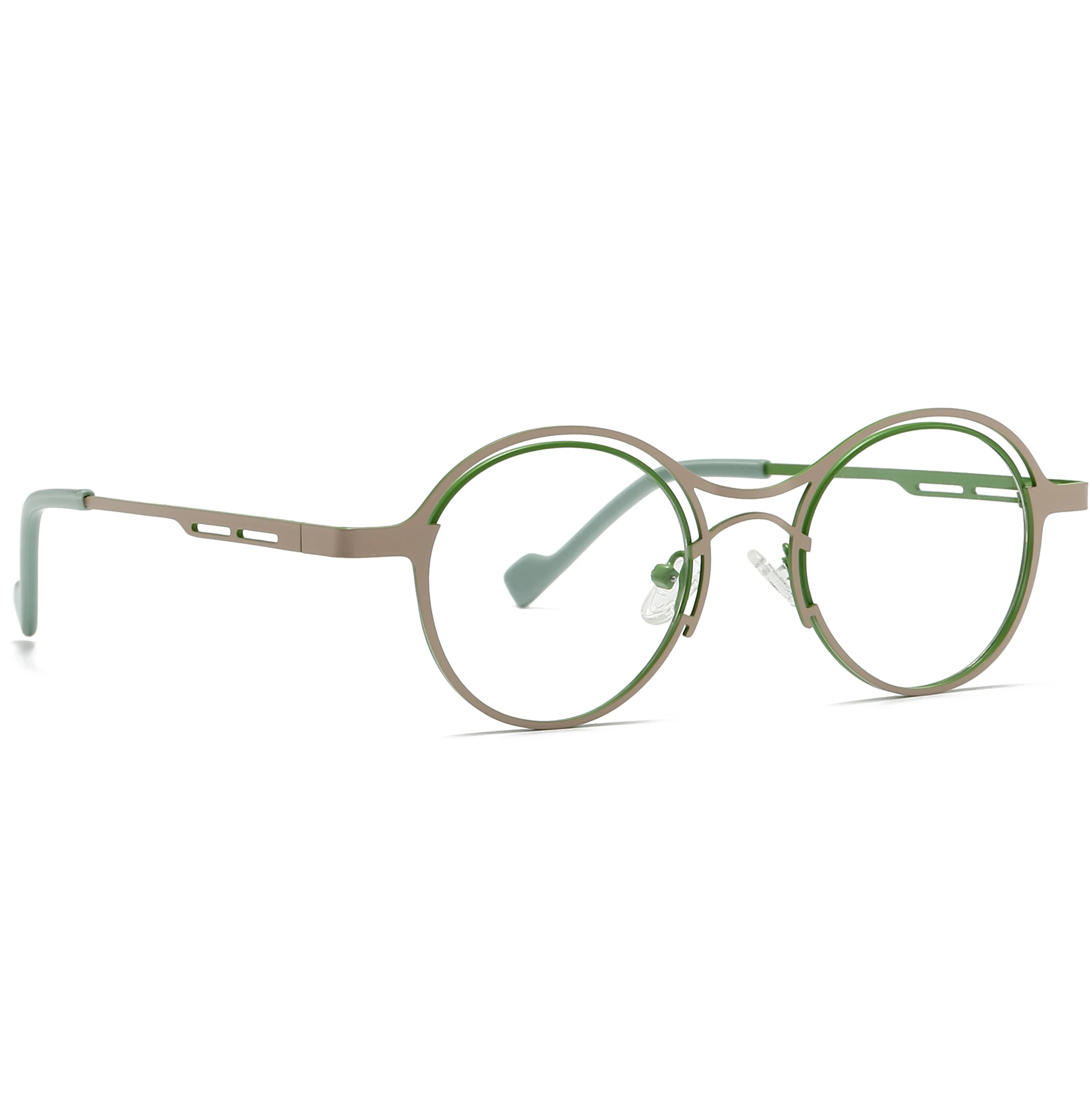 Fytoo Women's Vintage Modern Reading Glasses - Green Full Metal Frame Round Semi-Hollow Design