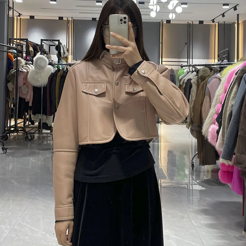 Janefur ผู้หญิงฤดูหนาว Shearling Fur Jacket Cropped เสื้อหนัง Jacket JFB9-25009