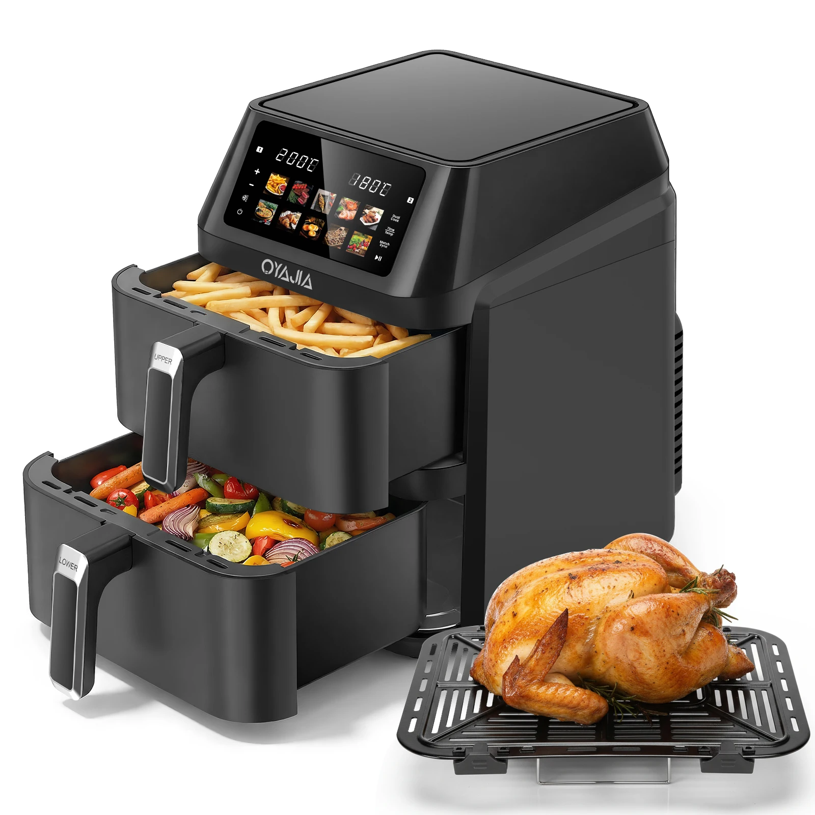 Friteuse à air double couche 12L, friteuse à double compartiment avec écran tactile numérique, filtre à huile, 6+6 litres XXL 2600W, friteuse à air en