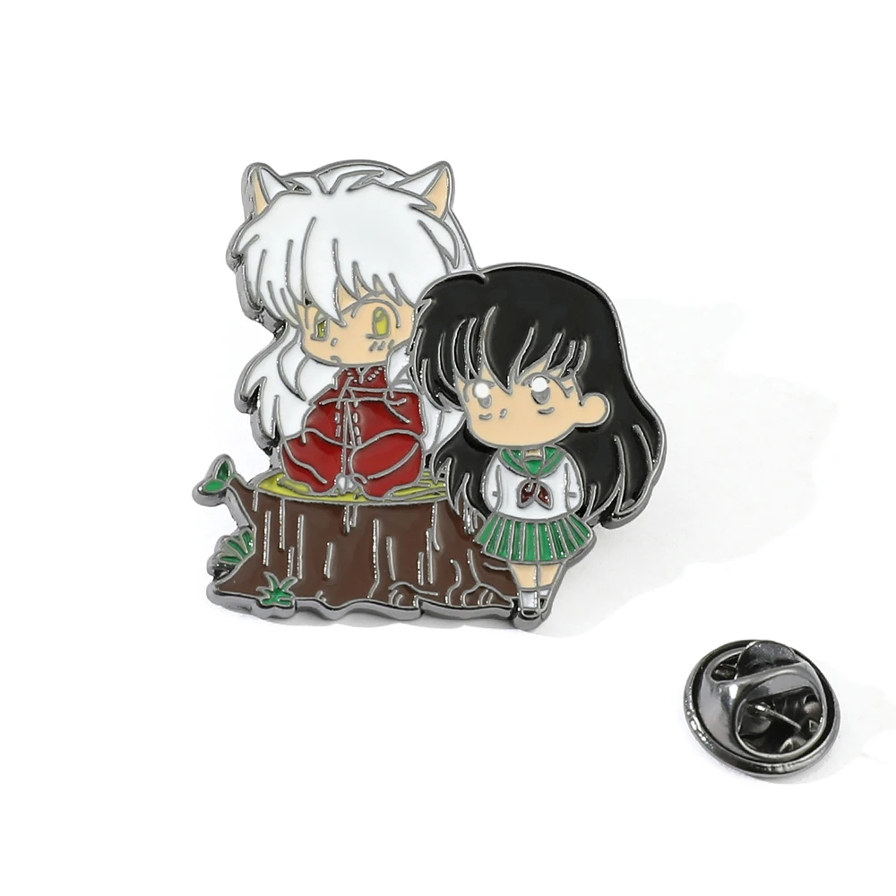 Anime Inuyasha Kagome and Shippo Sitting on Stump Brooch Cartoon Character Enamel Pin Couples Badge Jewelry Accessory for Fans