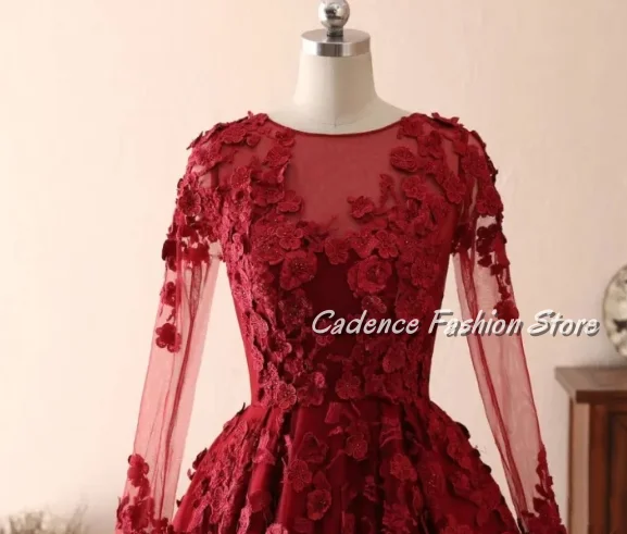 Customized Red Floral Round Neck Wedding Dresses Gorgeous Beaded Stereoscopic Applique A-Line Trailing Hem Bridal Wedding Party