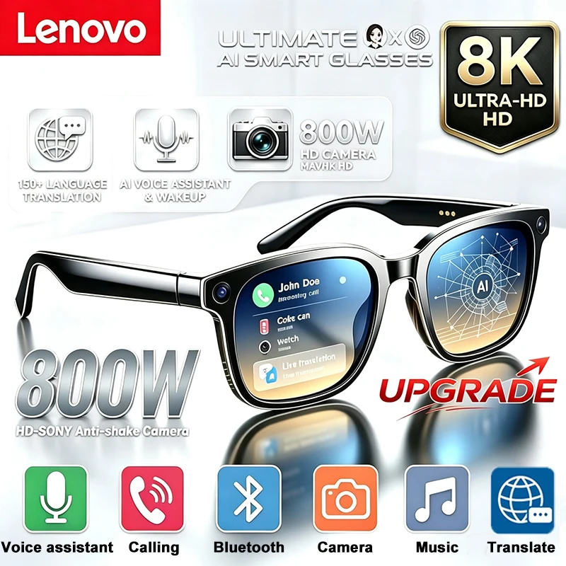 Lunettes Intelligentes IA Lenovo Améliorées avec Caméra HD 8K 800W pour Photo, Vidéo, Appel Vocal, Traduction et Bluetooth – Lunettes Moto IA