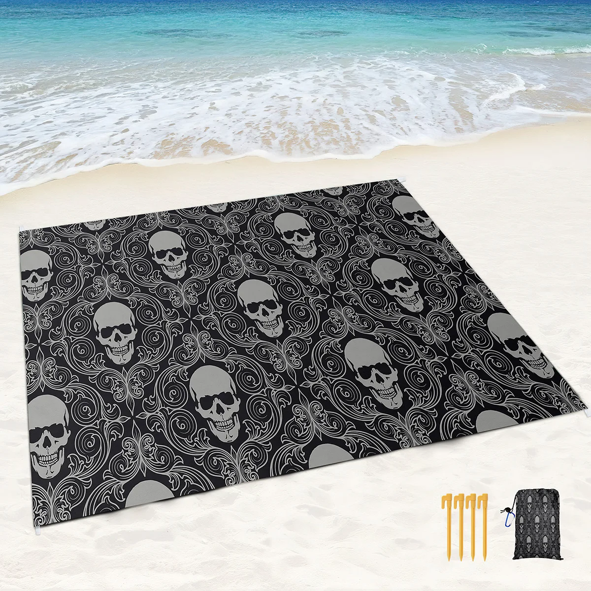 Skull Print Beach Blanket Sandproof Beach Mat Waterproof Quick Drying Carpet Made by Polyester with 4 Stakes & 4 Corner Pockets