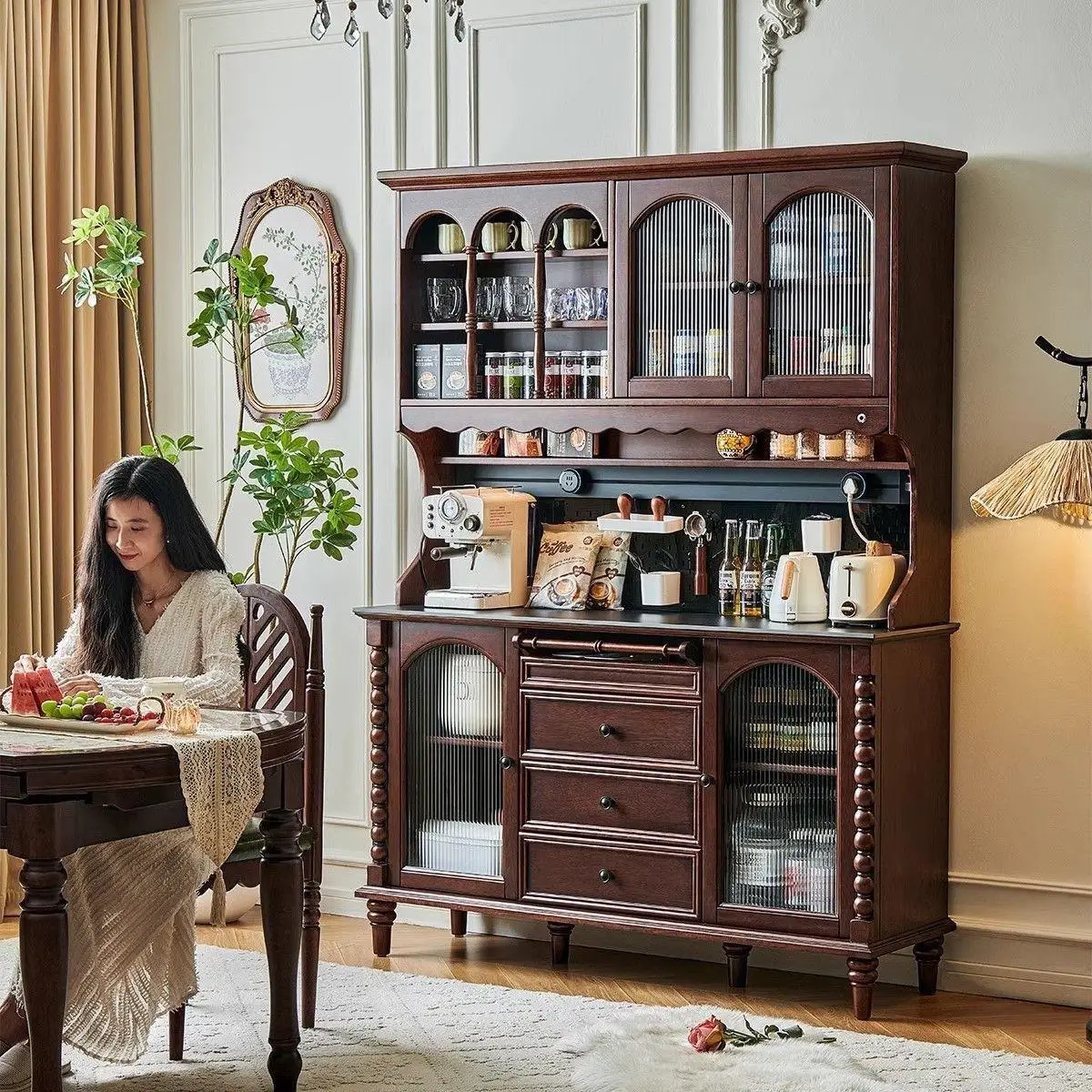 Solid wood sideboard, wall-mounted integrated storage for tea and coffee cabinets in the living room