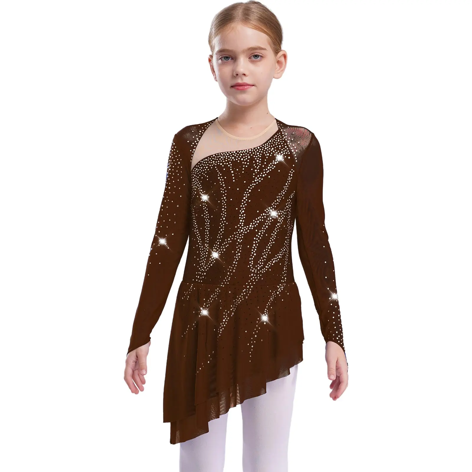 Mädchen Gymnastik Eiskunstlauf Modernes Ballett-Trikot Lyrisches Tanzkostüm Transparentes Netz Glitzernde Strass-Leotards Kleid – Detail 12