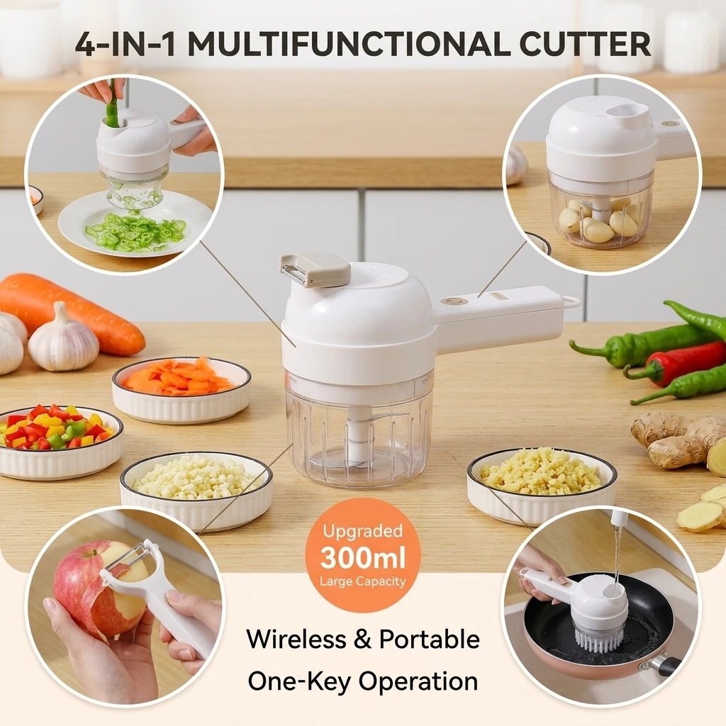 Electric Vegetable Cutter 4 in 1 Handheld Wireless Gatling Food Processor Garlic Masher Slicer 300ml