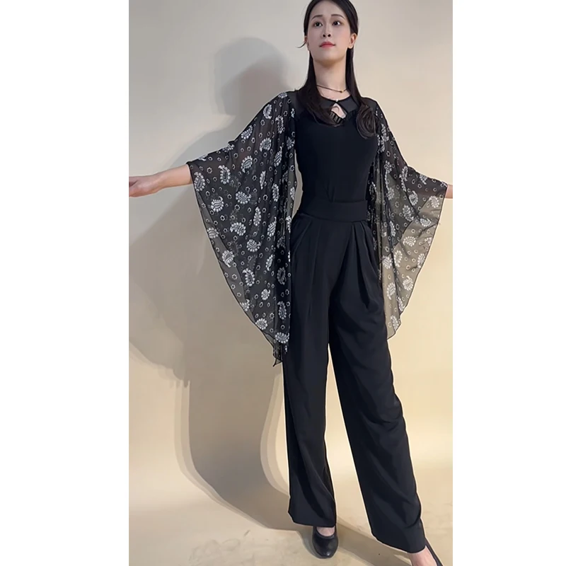 新しい社交ダンス服女性ワルツダンス練習着フローティングメッシュ袖トップス黒ズボン大人の標準ダンスウェア