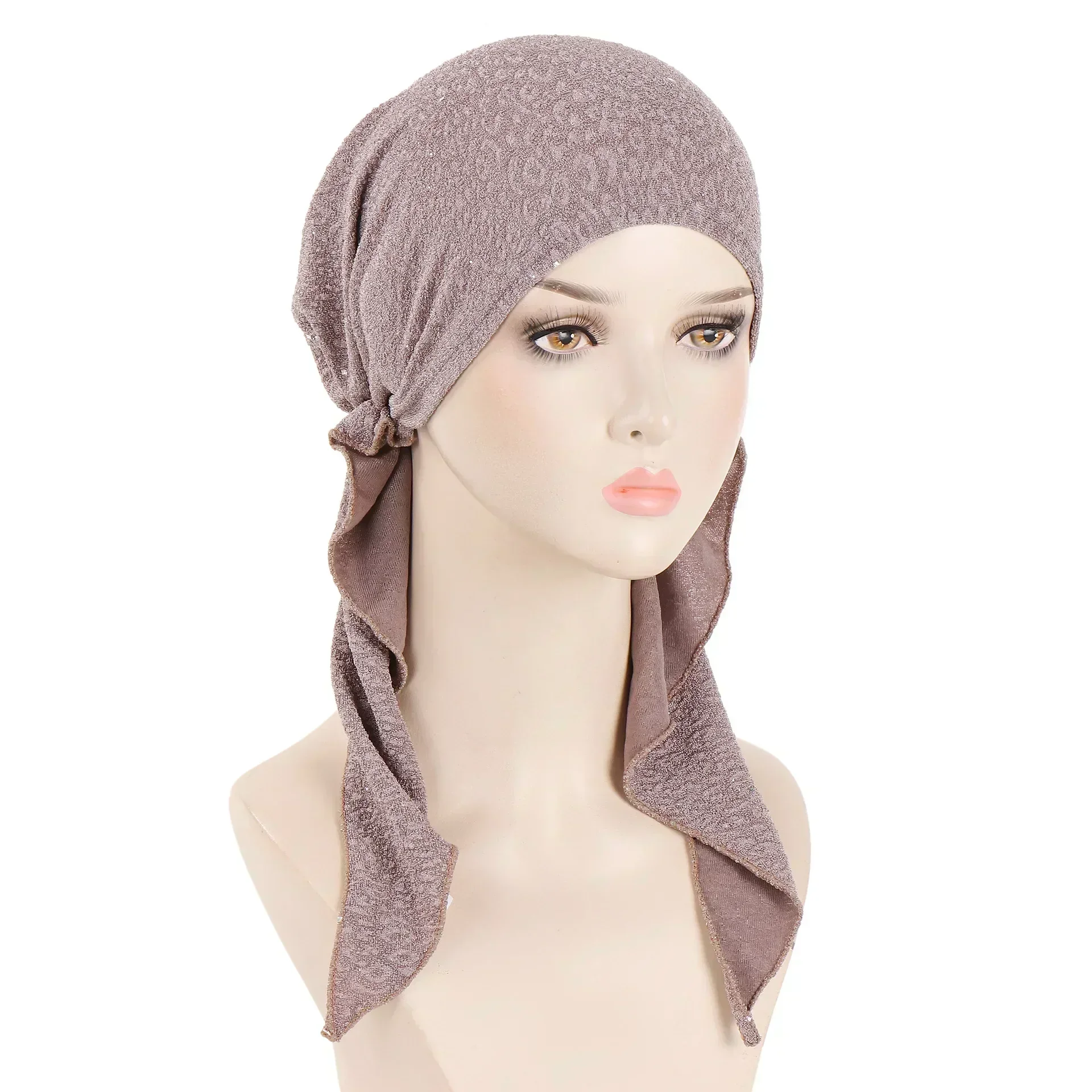 

New Shimmer Pre-Tied Hat Women Muslim Hijab Turban Long Tail Headscarf Beanies Bonnet Hair Loss Chemo Cap Head Wrap Bandanas
