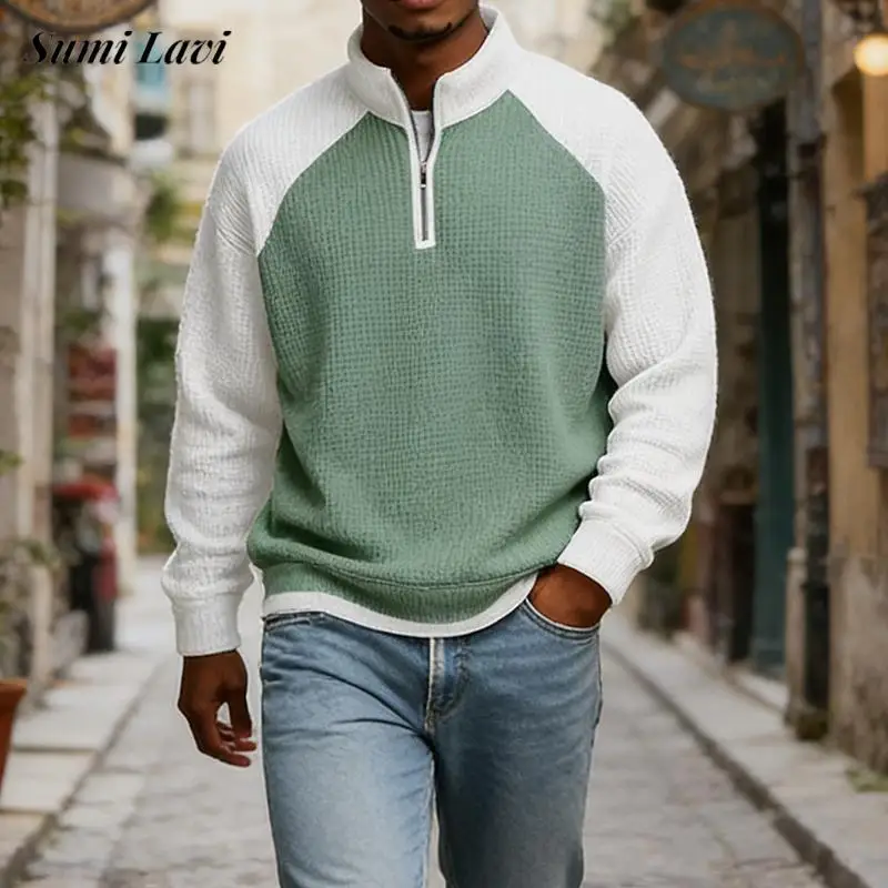 

Новая мужская повседневная толстовка на весну 2026: винтажный пэчворк, вафельный узор, текстурированный пуловер, модный джемпер с воротником-стойкой на молнии