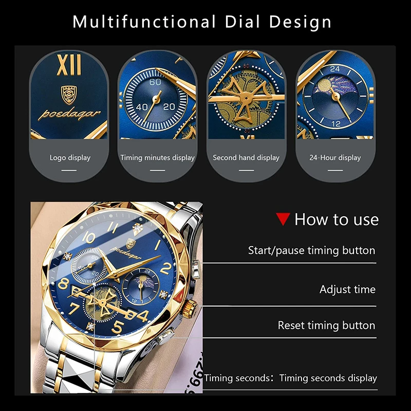 New Super Luxury Gold Watch Men Sport Brand Creative Stop-Watch Waterproof Male Clock Quartz Moon Phase Luminous Man Watch Reloj