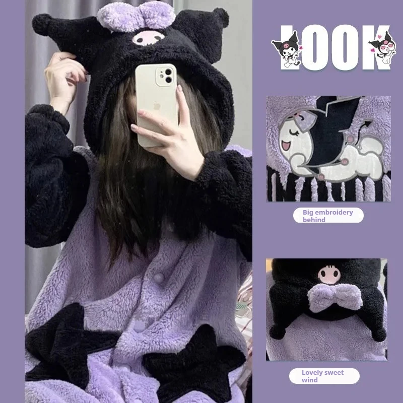 Kuromi Sleeping Robe Autumn Winter Coral Velvet Thickened Velvet Student Cute Cartoon Anime Home Anime Warmth Girl Children Gift