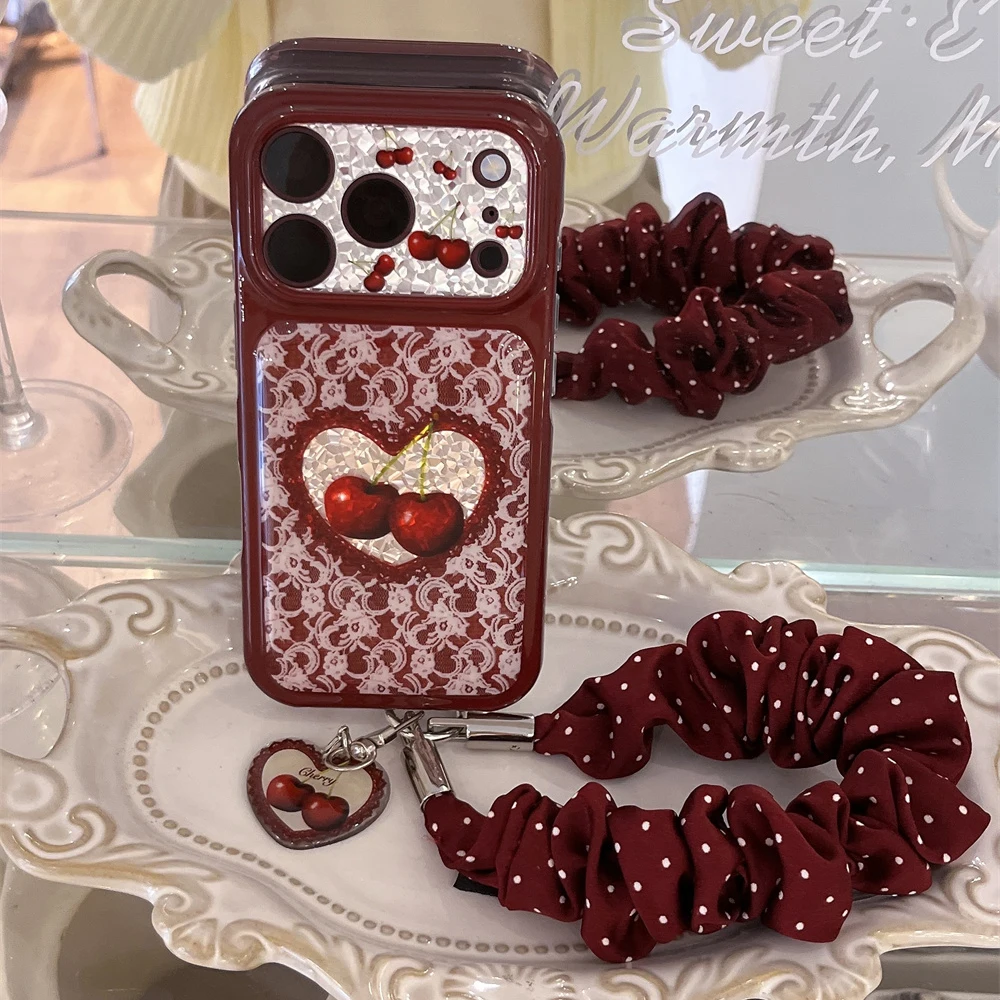 Korea Fashion Ins Cartoon Cherry lace Phone Case For iPhone 18 Pro 17 16 15 Pro Max Cover Shockproof Cute Cases 18Promax