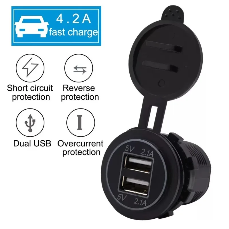 12V-24V Wiring HarnessUSB Outlet Dual USB Car Charger Waterproof Cigarette Lighter Socket Mount Power Adapter 5V2.1A for Car