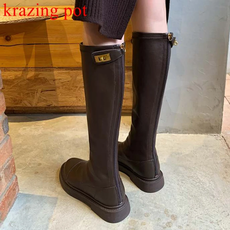 Krazing Pot Genuine Leather Round Toe Stretch Riding Boots Metal Buckle Zip Warm Winter Classics Street Wear Ins Knee-high Boots