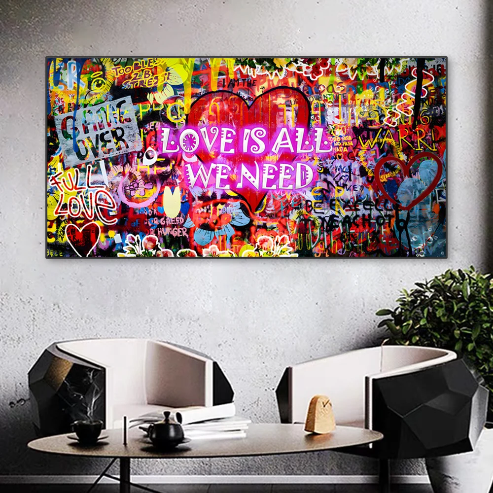لوحة فنية للجدران على الجدران في الشوارع ، ملصق ملون نيون تجريدي ، مطبوعات ، صور ، الحب هو كل ما نحتاج إليه ، ديكور المنزل الحديث