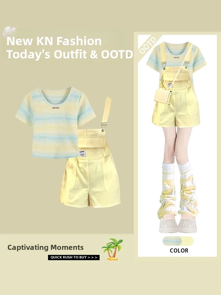 Completo estivo da donna, top ort Sve e simpatica tuta gialla dopane, set da due pezzi, abbigliamento in fibra di poliestere