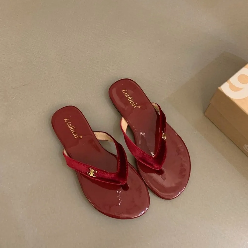 Luxury Velvet Flip Flops Woman Brand Design Deep Red Velour Slippers Ladies Fashion Flat Thong Sandals Summer Casual Shoes