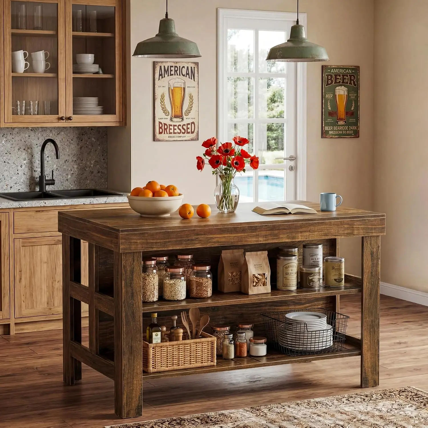 55.1-Inch Kitchen Island with Seating & Storage, 3-Tier Farmhouse Table with Countertop for Kitchen Dining Room, Customized