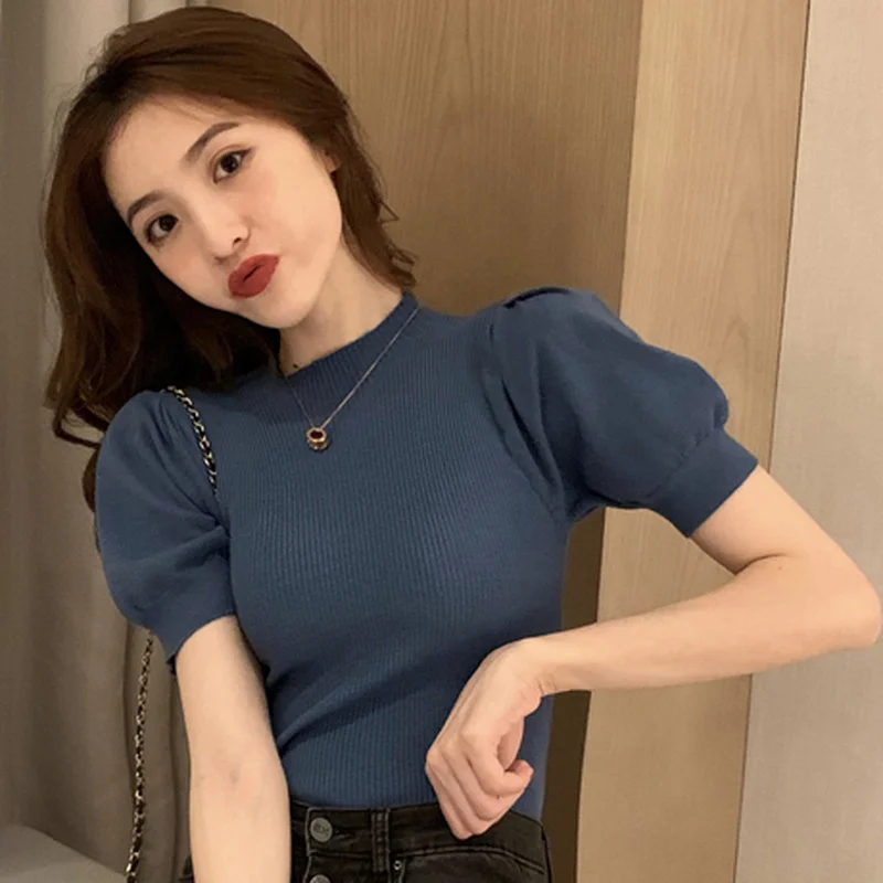 Mock Neck Puff Short Sleeve T Shirt Women Korean Fashion Simple Tops Spring Summer New Arrivals Ice Silk Knitted T Shirts