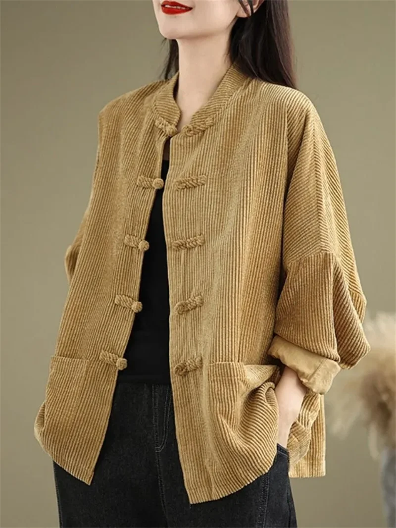 

Новая женская вельветовая куртка в китайском стиле ретро для осени и зимы, улучшенный дизайн в стиле Тан с полосками из бархата