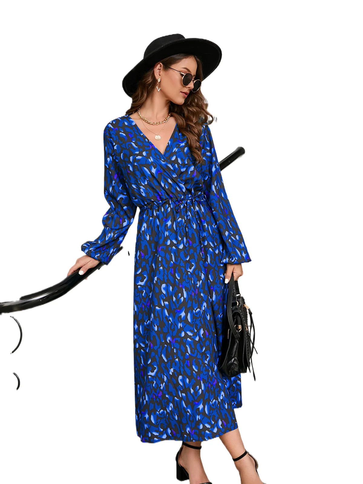 

High-quality new European and American women's fall and winter leopard print open waist long-sleeved dresses