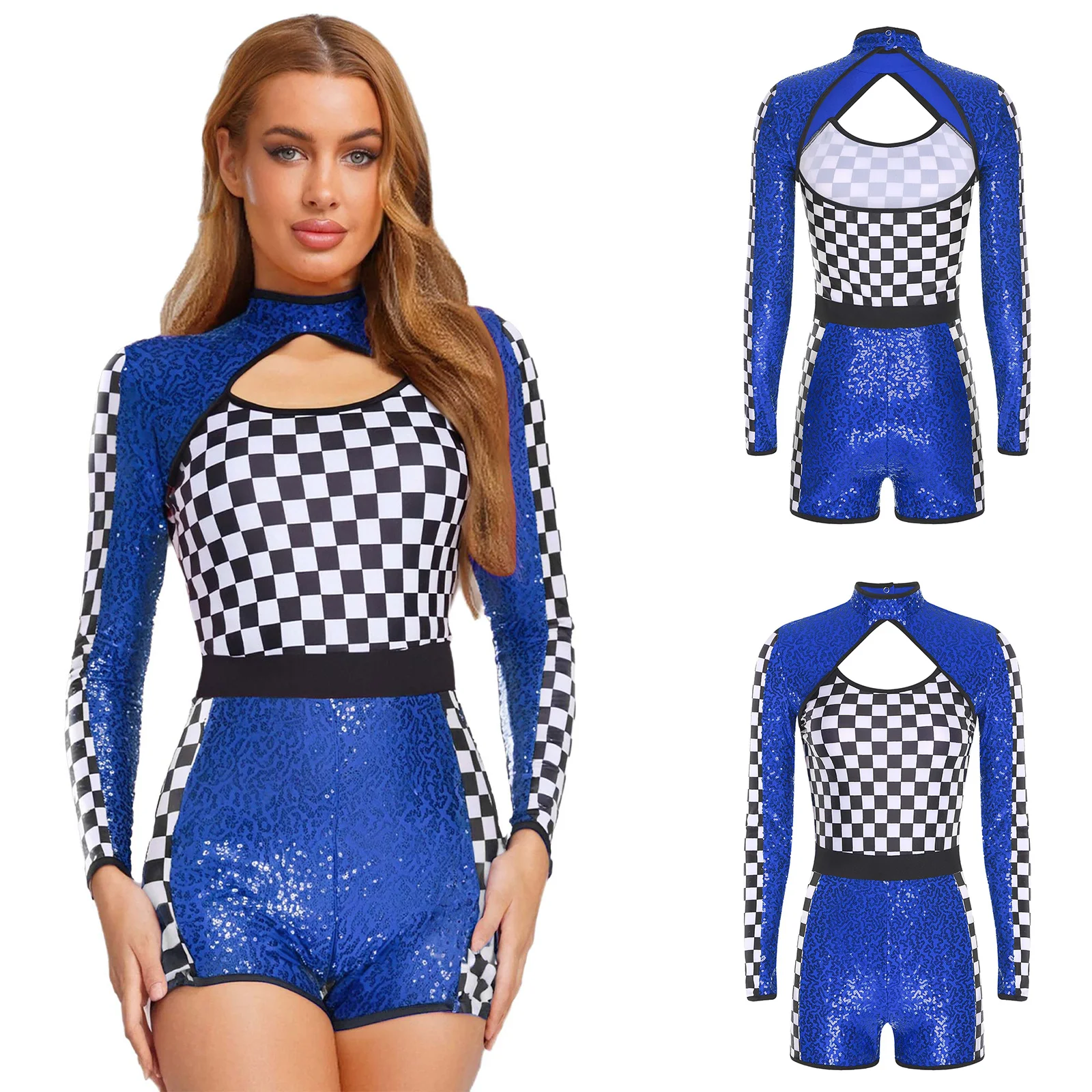 

Adult Women Racing Driver Speed Competition Outfit Cool Checkerboard Cutout Jumpsuit for Racer Racing Performance Bodysuits