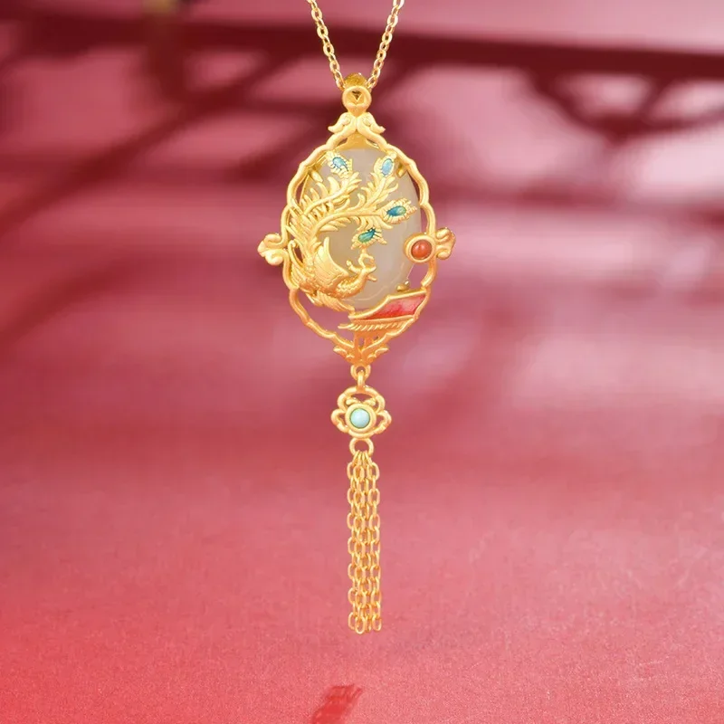Classic Design Natural Hetian Jade Cheongsam Pendant Luxury Exquisite Phoenix Design Fringe Necklace Ladies Silver Jewelry