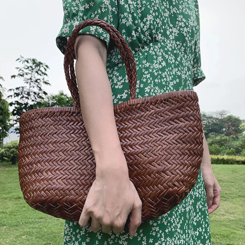 

Vintage Shopping Bag Handmade Soft Leather Ladies Handbag French Vegetable Basket Woven Bag Genuine Leather Woven Shoulder Bag