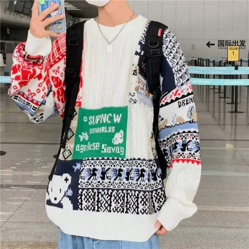 Splicing color blocking thick Christmas sweater for men and women autumn and winter retro couple  loose round neck knit sweater