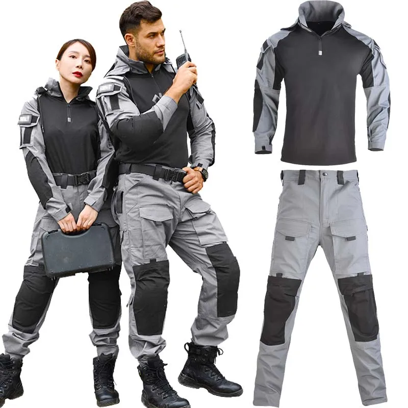 Tactical Suits Climbing US Camo Suits +pads Pants Uniform Men Hooded Combat Shirt Cargo Tactics Hiking Paintball Clothing