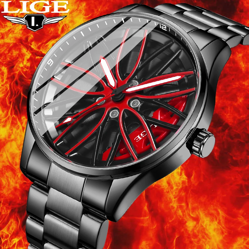 

Мужские часы LIGE: элитные, модные, уникальные, кварцевые, повседневные, водонепроницаемые, с ремешком из нержавеющей стали, с вращающимся колесом, в подарочной коробке