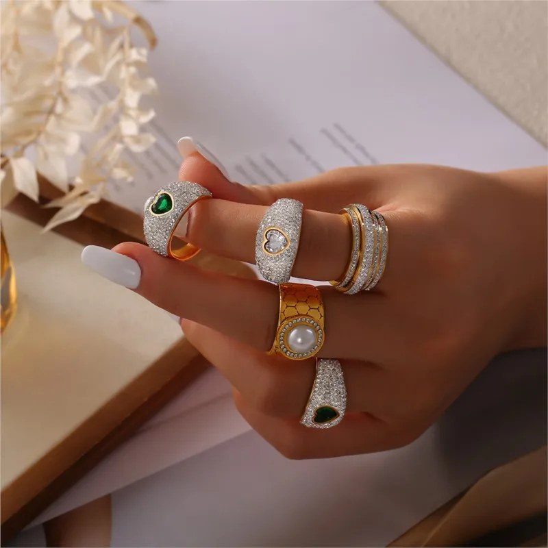 Elegant Fadeless Stainless Steel Rings For Women Gold Plated Inlaid Zircon Women's Finger Ring Girls Rings Luxury Woman Jewelry image 4