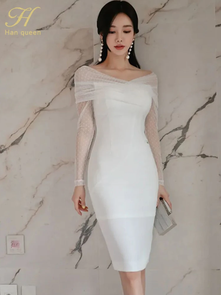 H Han Queen Elegant Party Dress For Women 2024 Pencil White Vintage Young Girls Dresses Woman Summer New Korean Sheath Vestidos