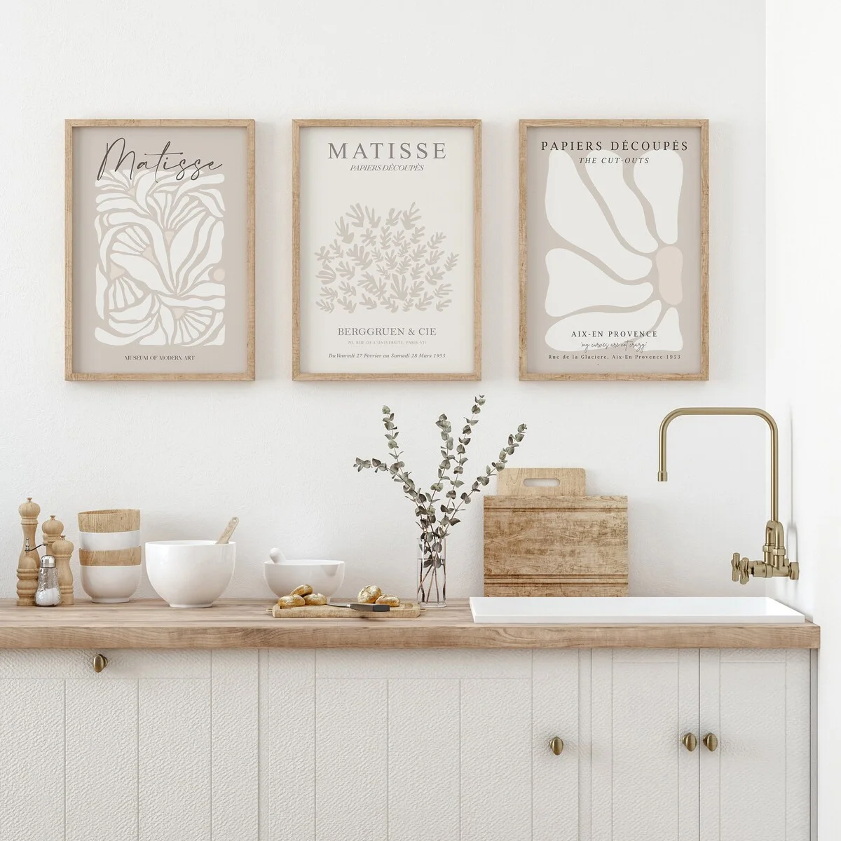 Set of 3 Bohemian Neutral Beige Matisse Canvas Wall Art Prints, Gray Beige Sage Matisse Prints, Minimalist Matisse Posters, Floral Wall Art, Art