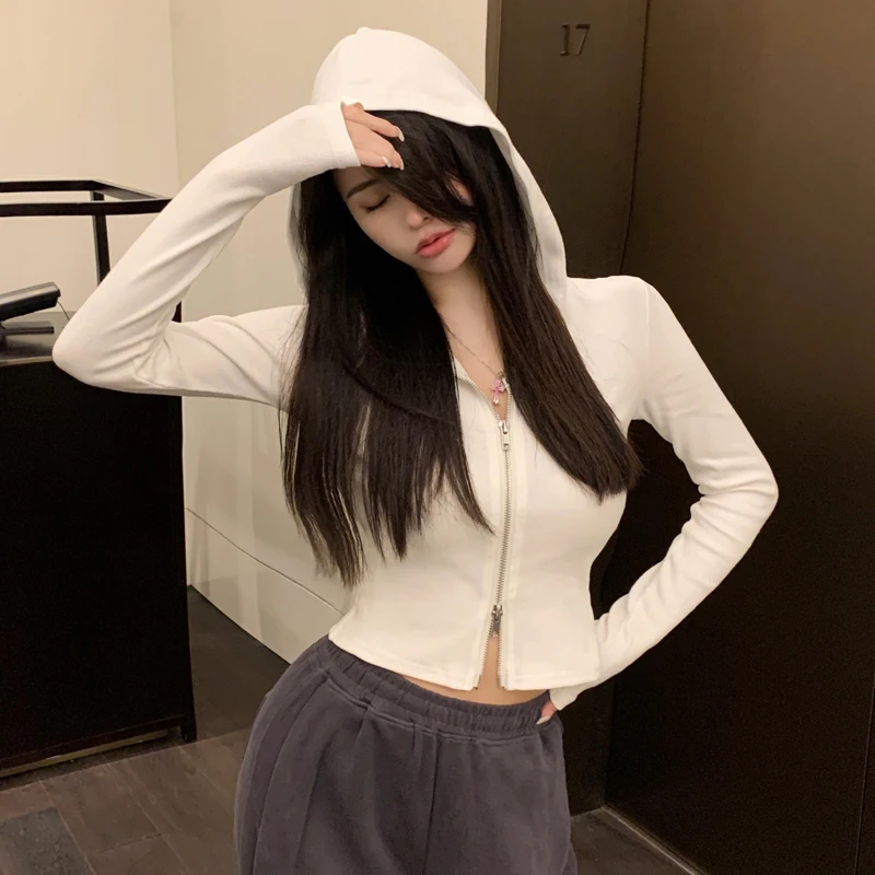 2023 new women's clothing Hong Kong style short slim thin zipper thin hooded cardigan long-sleeved top trend