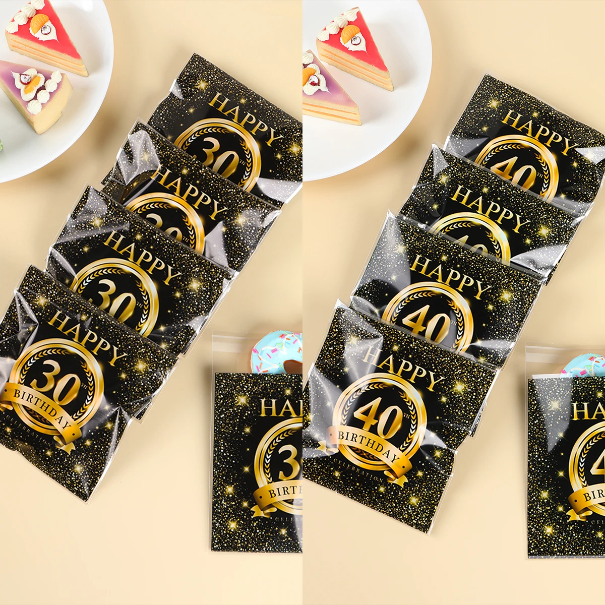 50Pcs Gold Black Happy Birthday Gift Bags Gold 30 40 Birthday Candy Cookie Bags Treat Bags for Guest Birthday Party Supplies