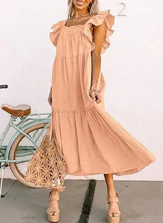 Summer Fresh And Fashionable Retro Women's Dress Solid Color Square Neck Flying Sleeves Off-shoulder Pleated Loose Beach Dress