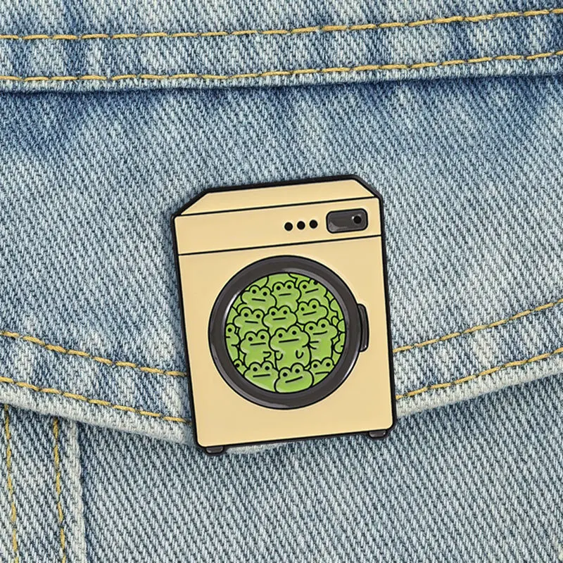Creative drum washing machine-shaped badges, cartoon frog animal series alloy pins, accessory for clothing bags Gift for friends