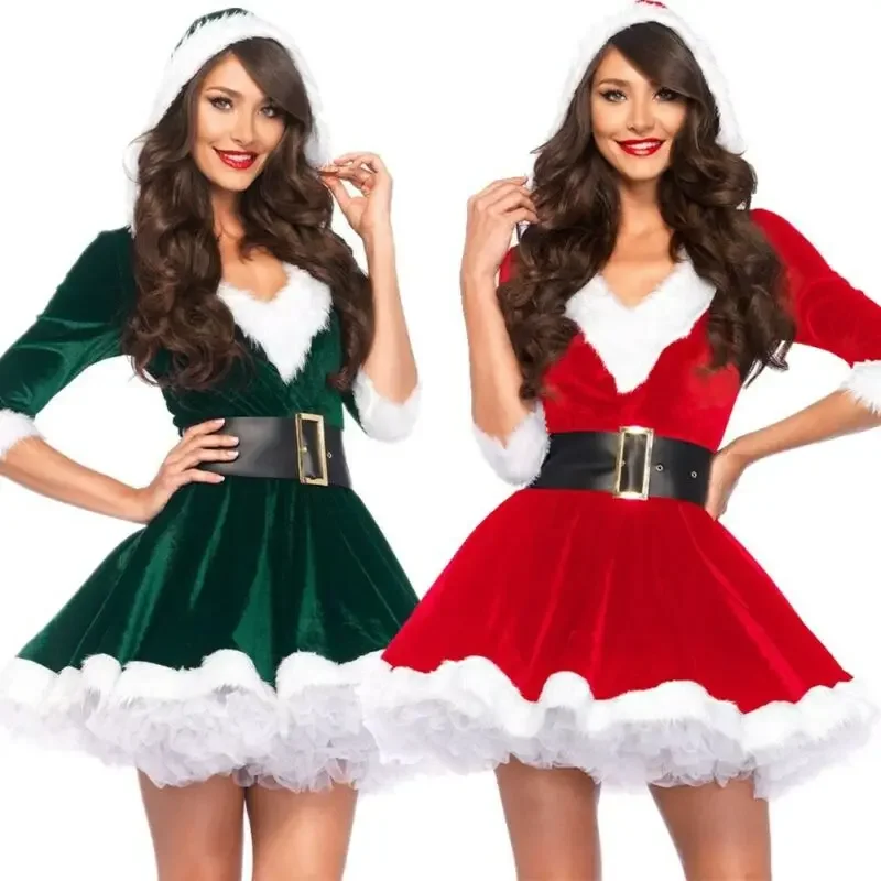 Women Christmas Cosplay Costumes Fancy Party Fashion Miss Claus Elf Suit Female Sexy Outfits Hoodie Santa Sweetie Dress