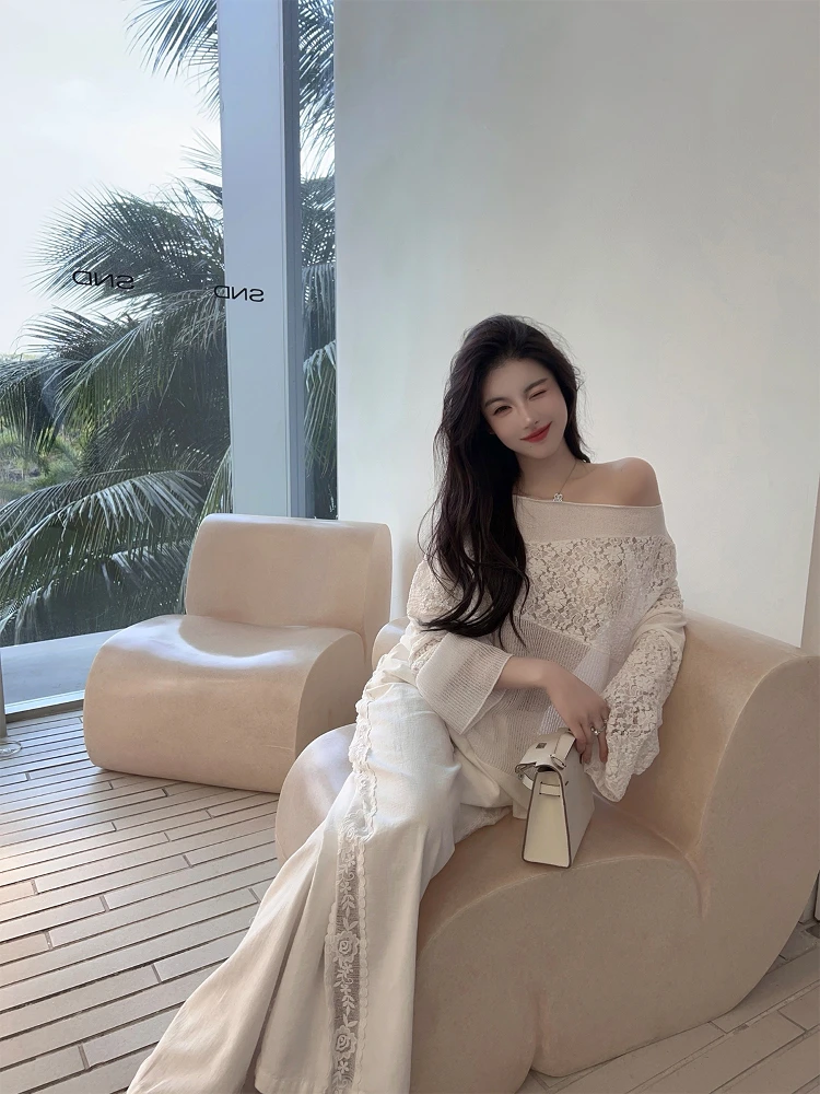 

FairyJiang Summer New Sle Women's Loose Knitted Lace oulder Bared T-irt Mid-Length Casual Comfortable White Top