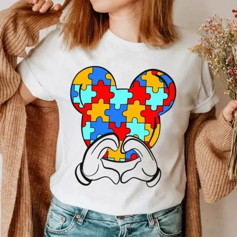 T-Shirt Hand Heart Gesture Printed Women's T-Shirt Autism Awareness Tops Ladies Casual Funny Clothes Street Harajuku Tops